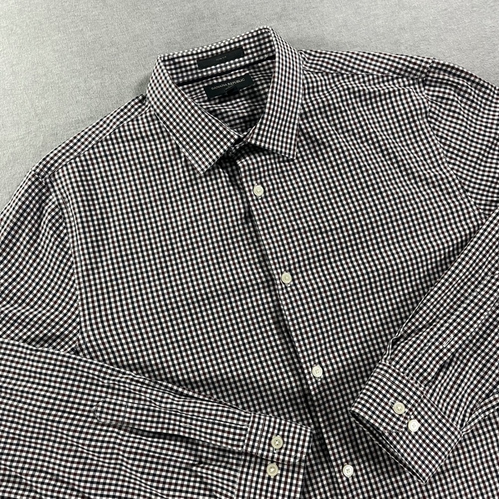 Banana Republic Mens Slim Fit Non-Iron Gingham Button Down Shirt Large Burgundy